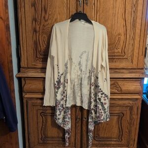 Garnet Hill Beige Floral Open Cardigan